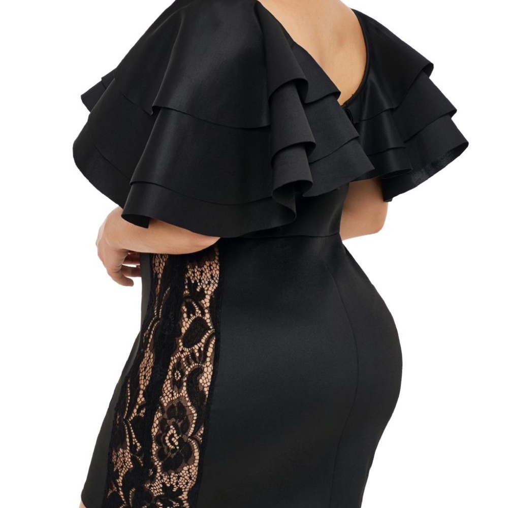 Brand New Plus Size Black Cascading Shoulder Lace Dress